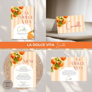 May include: A bundle of stationery items with a "La Dolce Vita" theme. Includes invitation, place card, menu, and thank you card. Each item features orange illustrations and a striped background. The invitation reads "Camille's 3rd Birthday".