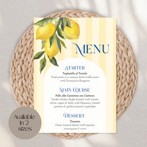 Menu imprimable La Dolce Vita citron – Modèle modifiable pour le thème Capri | Conception de menus estivaux italiens de 5 x 7 po et 4 x 9 po.