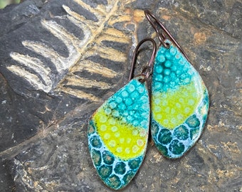 enamel Jewelry/enamel earrings/butterfly wings/boho//blues green yellow/enamel on copper/dangle earrings/handmade in Costa Rica lightweight