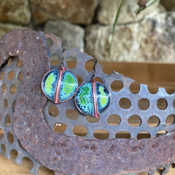 Fold formed Enamel earring dangle Earrings handmade nature art organic small round leaves torch fired enamel lightweight gift for her