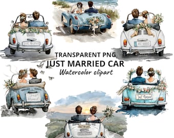 Watercolor Just Married Car Clipart: Wedding PNG Set (Digital Download)