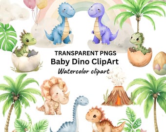 Watercolor Baby Dino Clipart PNGs, Nursery Decor (Digital Download)