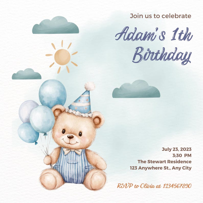 Blue Teddy Bear Clipart Set: Baby Birthday PNG Graphics (digital ...
