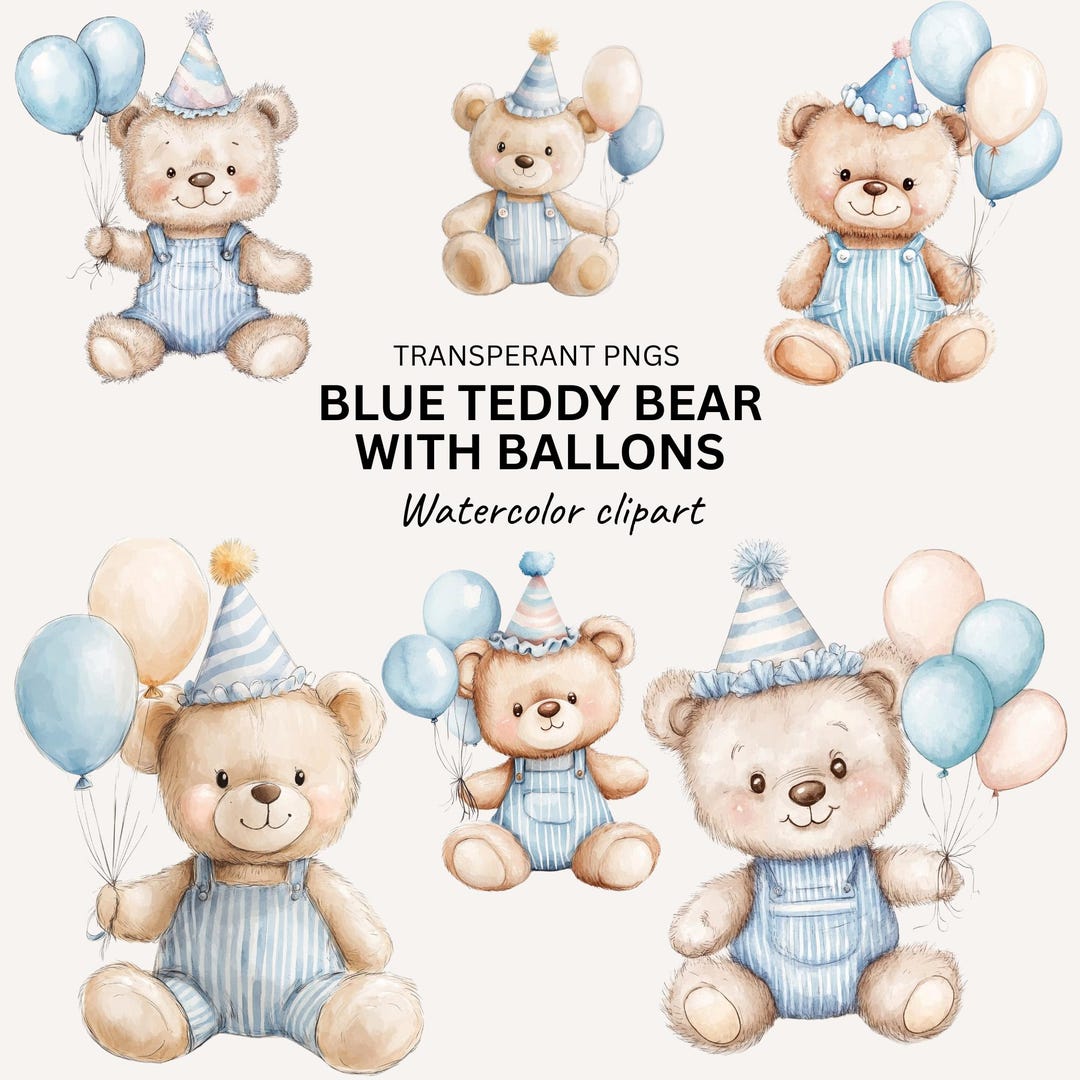 Blue Teddy Bear Clipart Set: Baby Birthday PNG Graphics (digital ...