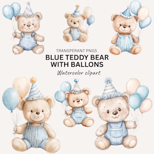 Blauer Teddybär mit Luftballons, Bär Blauer Ballon 1. Geburtstag, Beary 1. Geburtstag, Design, Blaues Baby, erster Geburtstag, digitaler Download PNG
