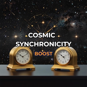 May include: Two gold-coloured, vintage-style clocks with white faces and black numerals sit on a dark surface. The clocks are positioned in front of a starry night sky. The text "COSMIC SYNCHRONICITY BOOST" is displayed above the clocks.