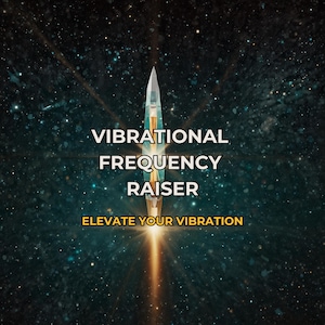 Puede incluir: Imagen digital con fondo oscuro estrellado. Un objeto vertical estilizado, similar a un cristal o cohete, en el centro. El texto dice "VIBRATIONAL FREQUENCY RAISER" y "ELEVATE YOUR VIBRATION".