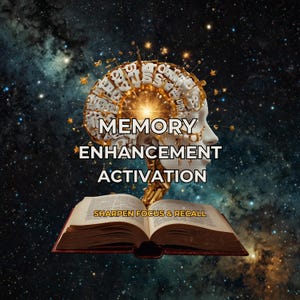 May include: An artistic digital illustration featuring a human head with a brain composed of golden letters and a bright light emanating from the center. The words "MEMORY ENHANCEMENT ACTIVATION" are displayed, with the text "SHARPEN FOCUS & RECALL" on an open book.