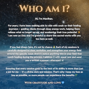 Op de afbeelding: Een digitale afbeelding met de tekst "WHO AM I?" in gouden letters. De tekst beschrijft de diensten van de verkoper, waaronder energie werk en helende sessies, met een boodschap van dankbaarheid en liefde.