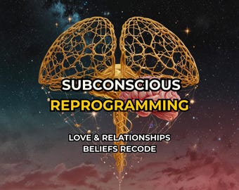 Könnte beinhalten: Eine künstlerische Illustration mit einer goldenen, netzartigen Struktur, die Lungen und ein Gehirn darstellt, mit den Worten "SUBCONSCIOUS REPROGRAMMING" in fetter gelber Schrift. Darunter steht der Text "LOVE & RELATIONSHIPS" und "BELIEFS RECODE". Der Hintergrund ist ein Sternenhimmel.