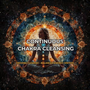 May include: A person in a seated meditation pose centered within a circular mandala featuring orange, gold, and blue cosmic patterns. The text reads CONTINUOUS CHAKRA CLEANSING and ONGOING CLEARING • BALANCED ENERGY CENTERS, with a vertical alignment of seven colored chakra symbols.