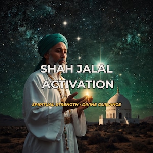 Può includere: Immagine di un uomo in abito bianco e turbante verde, con il testo "SHAH JALAL ACTIVATION" e le frasi "SPIRITUAL STRENGTH • DIVINE GUIDANCE." Lo sfondo mostra un cielo stellato e un edificio.