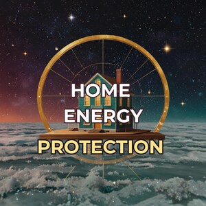 May include: An artistic image featuring a teal house with glowing windows, set against a starry night sky. The words "HOME ENERGY PROTECTION" are prominently displayed. The house is framed by a golden circular design, suggesting a theme of home and energy.