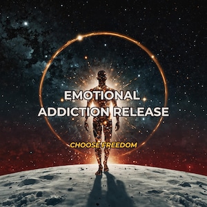 May include: Digital art featuring a silhouetted figure within a glowing circle against a cosmic backdrop. The text reads "EMOTIONAL ADDICTION RELEASE" and "CHOOSE FREEDOM". The image evokes themes of self-improvement and liberation.