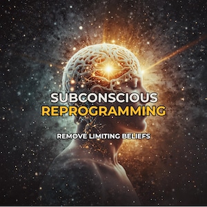 May include: Digital art featuring a human profile with a glowing brain, radiating light. The text "SUBCONSCIOUS REPROGRAMMING" is displayed in yellow, with "REMOVE LIMITING BELIEFS" below.