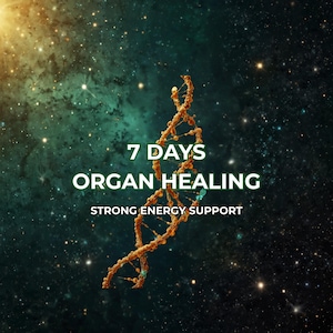 Könnte beinhalten: Ein Bild mit einem dunklen Hintergrund aus Nebel und Sternen. Ein DNA-Strang befindet sich in der Mitte, mit den Worten "7 DAYS ORGAN HEALING" in Grün und "STRONG ENERGY SUPPORT" in Weiß.