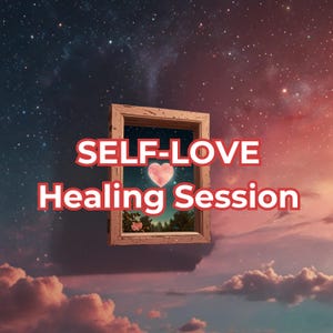 May include: An image with the text "SELF-LOVE Healing Session" in red and white. The text is above a window frame with a pink heart in the center. The background is a starry sky and clouds.