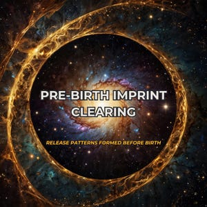 Puede incluir: Un gráfico circular que muestra una galaxia espiral vibrante con anillos de luz dorada. El texto PRE-BIRTH IMPRINT CLEARING está centrado en blanco, con el texto RELEASE PATTERNS FORMED BEFORE BIRTH en amarillo debajo sobre un fondo de espacio oscuro.