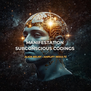 May include: Digital art featuring a human bust with a golden, circuit-board-like design overlaying the brain. The text reads "Manifestation Subconscious Codings" with the tagline "Align Belief Amplify Results" against a cosmic background.