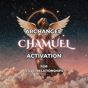 Puede incluir: Ilustración digital del Arcángel Chamuel con grandes alas, un vestido fluido y un fondo celestial. El texto superpuesto dice "ARCHANGEL CHAMUEL ACTIVATION PARA AMOR, RELACIONES."