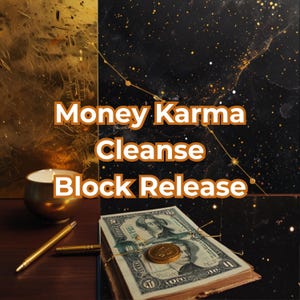 Peut inclure: Image avec le texte "Money Karma Cleanse Block Release" sur un fond doré et étoilé. Un bol doré, un stylo et une pile d'argent avec une pièce d'or sont également visibles.