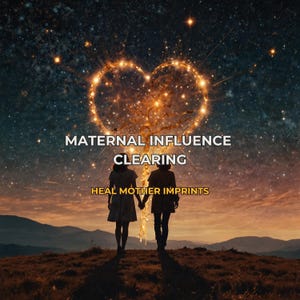 Può includere: Immagine con il testo "MATERNAL INFLUENCE CLEARING" e "HEAL MOTHER IMPRINTS". Due persone si tengono per mano, silhouette contro un tramonto. Una forma di cuore luminoso è nel cielo, piena di stelle.