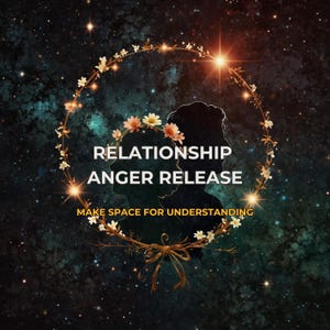 Könnte beinhalten: Digitales Bild mit dunklem, sternenklarem Hintergrund. Zwei Silhouetten-Profile werden von einem floralen Kranz umrahmt. Der Text lautet "RELATIONSHIP ANGER RELEASE" und "MAKE SPACE FOR UNDERSTANDING."