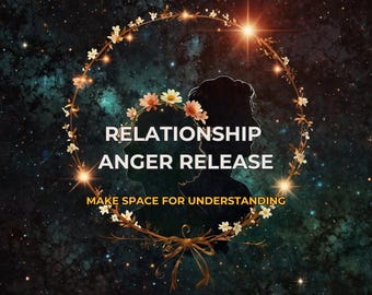 Può includere: Immagine digitale con sfondo scuro e stellato. Due profili silhouette sono incorniciati da una ghirlanda floreale. Il testo recita "RELATIONSHIP ANGER RELEASE" e "MAKE SPACE FOR UNDERSTANDING."