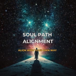 May include: A person silhouetted on a hill against a backdrop of a starry night sky. White text reads "SOUL PATH ALIGNMENT" and "ALIGN WITH YOUR OWN WAY", creating a spiritual theme.