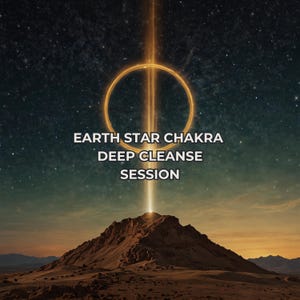 Op de afbeelding: Een digitaal kunstwerk met een bergketen onder een sterrenhemel. Een helder gouden licht komt van bovenaf, gaat door een gouden ring en verlicht de berg. De tekst luidt "EARTH STAR CHAKRA DEEP CLEANSE SESSION."