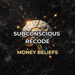 Peut inclure: Image numérique artistique avec une illustration détaillée d'un cerveau en tons crème et or, sur fond sombre et étoilé. Les textes "SUBCONSCIOUS RECODE" et "MONEY BELIEFS" sont affichés en blanc et or.