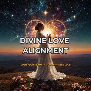 Könnte beinhalten: Eine Gestalt in einem langen weißen Kleid steht auf einem Hügel mit rosa Blumen vor einem Sternenhimmel und einem leuchtenden herzförmigen Nebel. Der Text lautet: DIVINE LOVE ALIGNMENT und OPEN YOUR HEART • ALIGN WITH TRUE LOVE in weißer Schrift.