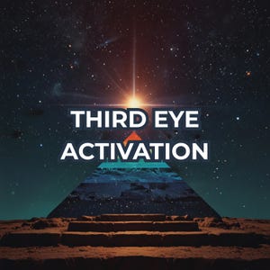 May include: Digital artwork depicting a pyramid under a starry night sky. The words "THIRD EYE ACTIVATION" are in white, with a bright light shining from above the pyramid. The image has a spiritual and mystical theme.