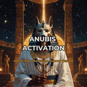 May include: A digital illustration of Anubis wearing a gold headdress and white robe, holding a staff. The text reads ANUBIS ACTIVATION and PROTECTION • TRANSITION • SHADOW WISDOM. The background features stone pillars and a starry night sky.