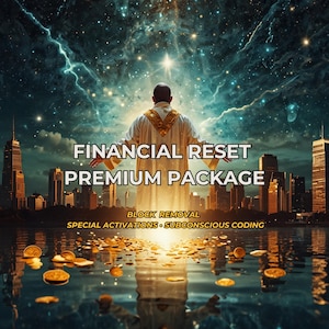 May include: An artistic digital image features a person in white robes with gold accents, standing before a cityscape. The text "FINANCIAL RESET PREMIUM PACKAGE" is displayed, along with "BLOCK REMOVAL" and "SPECIAL ACTIVATIONS • SUBCONSCIOUS CODING". Gold coins float in the water.