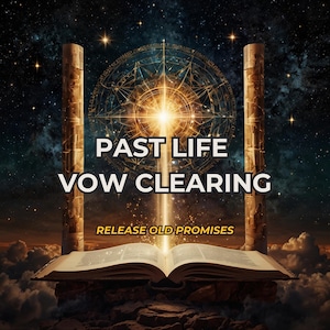 May include: An open book sits before two stone pillars against a starry night sky with a glowing golden geometric mandala. The text reads PAST LIFE VOW CLEARING and RELEASE OLD PROMISES in white and yellow lettering.