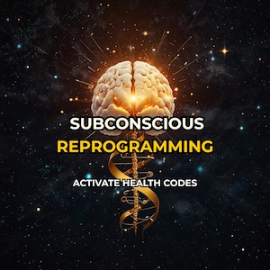 Op de afbeelding: Een digitale afbeelding met een gloeiend brein, de tekst "SUBCONSCIOUS REPROGRAMMING" en "ACTIVATE HEALTH CODES". Een gouden DNA-helix is ook aanwezig, tegen een sterrenachtergrond.