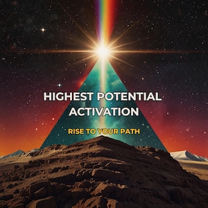 May include: Digital art featuring a mountain landscape with a triangular shape and a rainbow beam of light. The text reads "HIGHEST POTENTIAL ACTIVATION" and "RISE TO YOUR PATH" against a starry sky background.