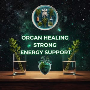 May include: An artistic image with the words "ORGAN HEALING STRONG ENERGY SUPPORT" in white. The image features a heart-shaped design with a tree-like structure, two glasses with green plants, and a plate with herbs and a skeleton.