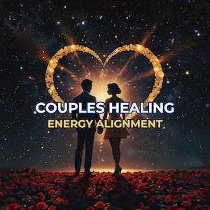 May include: An artistic image of a couple standing in a field of red roses, silhouetted against a starry night sky. A glowing heart shape is above them. Text reads "COUPLES HEALING ENERGY ALIGNMENT."