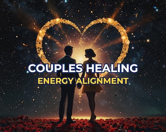 Può includere: Immagine artistica di una coppia in piedi in un campo di rose rosse, silhouette contro un cielo stellato. Una forma di cuore luminoso è sopra di loro. Il testo recita "COUPLES HEALING ENERGY ALIGNMENT."