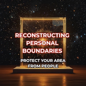 Può includere: Una teca dorata e illuminata con le parole "RICOSTRUIRE I CONFINI PERSONALI" e "PROTEGGI LA TUA AREA DALLE PERSONE" in testo rosso e bianco. Lo sfondo presenta un cielo stellato.
