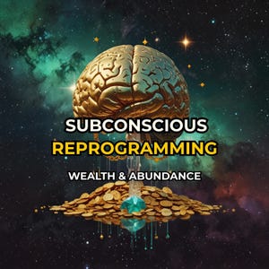 Peut inclure: Illustration numérique d'un cerveau doré au-dessus d'une pile de pièces d'or, avec le texte "SUBCONSCIOUS REPROGRAMMING" et "WEALTH & ABUNDANCE". L'arrière-plan est une scène cosmique avec des étoiles et des nébuleuses.