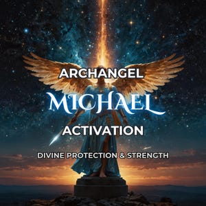 May include: Digital art featuring Archangel Michael with golden wings, a sword, and a blue robe, set against a cosmic background. Text reads "ARCHANGEL MICHAEL ACTIVATION" and "DIVINE PROTECTION & STRENGTH."