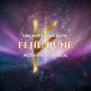 May include: A gold-colored Fehu rune, an activated symbol for unlimited wealth, is centered against a cosmic background of purple, blue, and white. The text "UNLIMITED WEALTH" and "ACTIVATED SYMBOL" are above and below the rune.