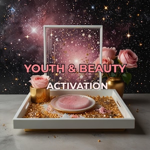 May include: A white tray with gold trim displays a pink soap on a plate, encircled by gold beads. A gold vase with pink roses and a small gold pot with a single rose are also visible. The text "YOUTH & BEAUTY ACTIVATION" is shown.