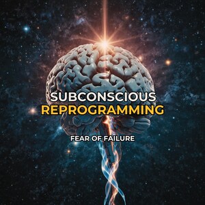 May include: An image depicting a human brain with the words "SUBCONSCIOUS REPROGRAMMING" in white and yellow text. Below the brain, the words "FEAR OF FAILURE" are displayed. The background is a dark, starry galaxy.