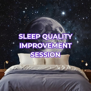 May include: A bed with white pillows and a blue comforter is set against a starry night sky with a large moon. The words "SLEEP QUALITY IMPROVEMENT SESSION" are displayed in purple text.