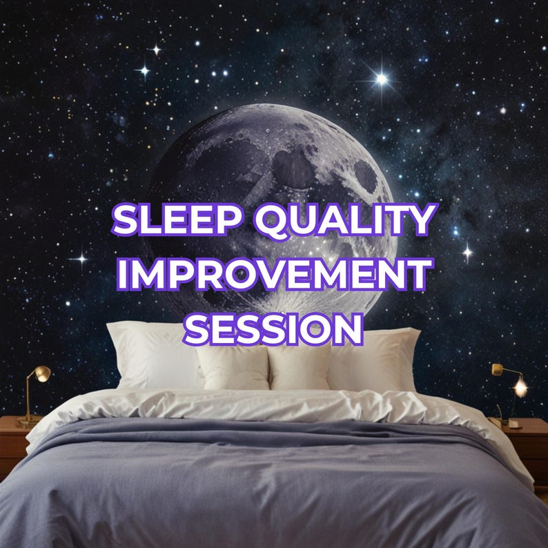 May include: A bed with white pillows and a blue comforter is set against a starry night sky with a large moon. The words "SLEEP QUALITY IMPROVEMENT SESSION" are displayed in purple text.