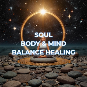 May include: A woman meditating in a lotus position on a round cushion, with the words "SOUL BODY & MIND BALANCE HEALING" in white text. The background features a starry night sky, a glowing golden ring, and a calm body of water.